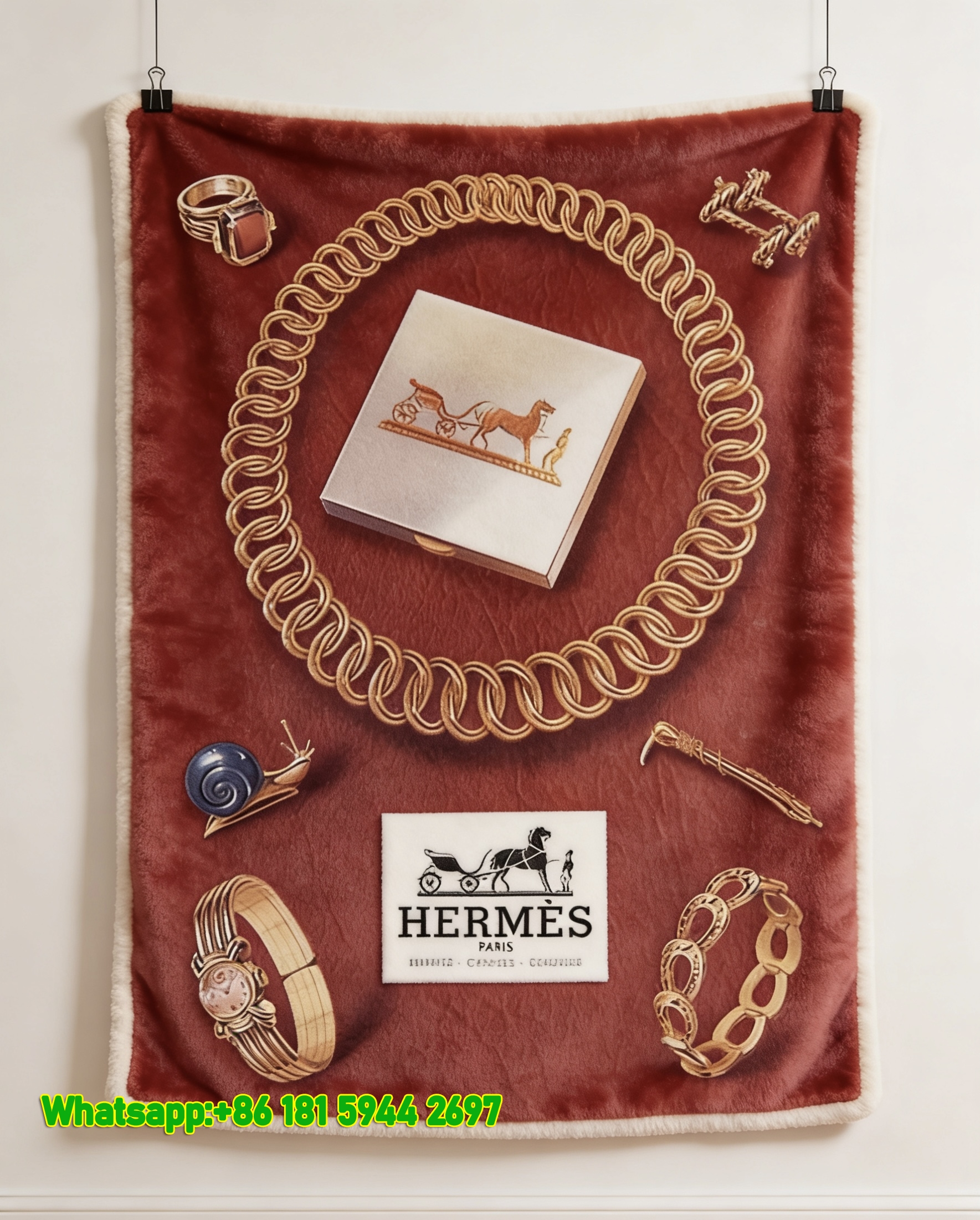 Hermès Vintage Gold Jewelry Print Flannel Throw Blanket IMG_5130